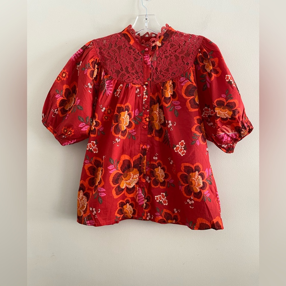 Anthropologie Farm Rio Giustina Lace Blouse top buttondown floral red new XS - Picture 4 of 14